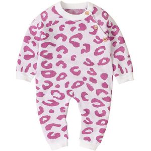 Luipaard Print Baby Baby Jongen Meisje Gebreide Romper Lange Mouw Knop Wollen Trui Jumpsuit Winter Kleding Set