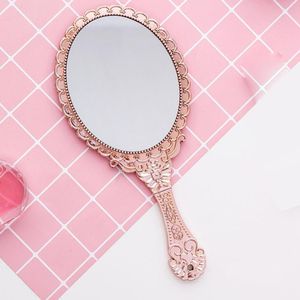 Vintage Houvast Make-Up Spiegel Roze Repousse Bloemen Ovale Ronde Cosmetische Hand Held Spiegel Met Handvat Voor Dames Beauty Dressoir