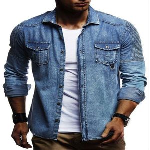 Lente Herfst Denim Lange Mouw Mannen Gewassen Retro Slim Fit Jean Tops 100% Katoen Casual Straat cowboy Shirts