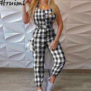 Plaid Jumpsuits Overalls for Women Sleeveless Sling Sashes High Waist Pocket Romper Casual One Piece Outfit Monos Mujer