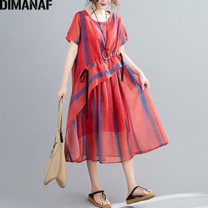 Dimanaf Plus Size Jurk Vrouwen Kleding Vintage Zomer Zonnejurk Gestreepte Print Lady Vestidos Losse Geplooide A-lijn Jurk