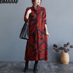 Dimanaf Plus Size Vrouwen Jurk Vintgae Coltrui Winter Lady Vestido Katoen Dikke Losse Lange Mouwen Kleding Indie Folk