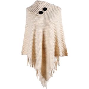 Vrouwen Gebreide Trui Top Half Geopend Kraag Knoppen Warme Sjaal Wrap Fringe Kwasten Zoom Effen Kleur Poncho Cape