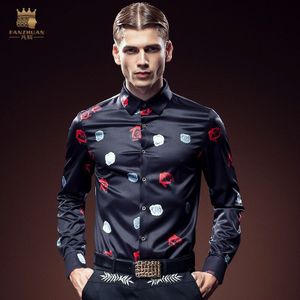 Mode Toevallige Mannelijke Mannen Persoonlijkheid Europa Herfst Slanke Non-Strijken Shirt 2093 Rose Print Op