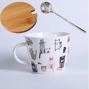 Creatieve Pure Kleur Melk Koffie Water Keramische Mok Thee Cup Cartoon Kitty Thuiskantoor Cup Met Lepel En Deksel