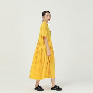 [Eam] Vrouwen Groene Geplooide Lange Big Size Shirt Jurk Revers Half Mouw Losse Fit Tij Voorjaar zomer 1W100