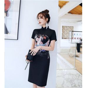 Chinese Stijl Zomer Vintage Mode Cheongsam Jurk Voor Vrouwen Traditionele Meisjes Crane Print Zwart Qipao Slanke Dunne Korte Vestido