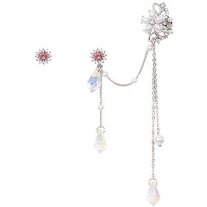 Roze Crystal Lange Oorbellen Asymmetrische Parel Bloem Hanger Ring Koreaanse Elegante Sieraden Voor Vrouwen Meisjes Kerstcadeaus