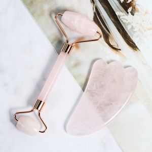 Roze Facial Massage Roller Dubbele Heads Rose Quartz Jade Stone Lifting Gezicht Lichaam Huid Ontspanning Afslanken Schoonheid Massager Set
