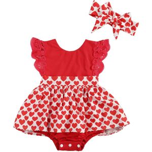 Valentines Leuke Baby Meisjes Jongens Bodysuits Hoofdband Liefde Hart Print Ruches Kant Mouw Jurk Jumpsuits 0-24M