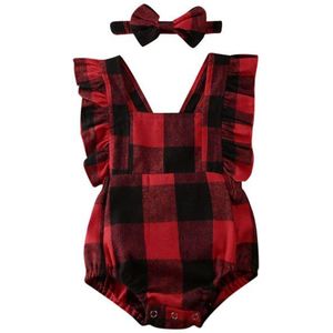 Focusnorm 0-18M Xmas Pasgeboren Baby Jongen Meisje Kerst Plaid Rode Bodysuit Hoofdband Outfit Kleding Set