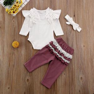 3-24M Baby Pasgeboren Baby Meisjes Kleding Set Herfst Lange Mouw Wit Romper + Ruches Kant Broek Outfits baby Meisjes Kostuums