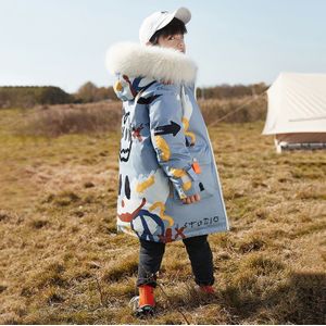 Winter Kinderen Donsjack Meisjes Jas Kinderen Winter Graffiti Gedrukt Verdikte Warm Bovenkleding Unisex Jongen Hooded Sneeuw Jas