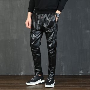 Mens Punk Moto Faux Lederen broek Mannelijke Druppel Kruis Harembroek Street Dance DJ Slanke Joggers Trekkoord Night Club broek 71006