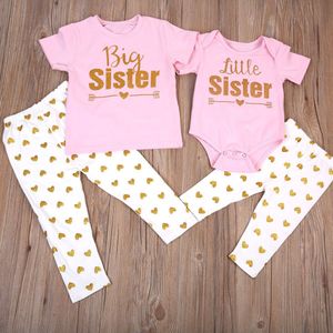 2 Stuks Pasgeboren Baby Baby Meisjes Kleding Zusters Romper Jumpsuit Bodysuit T-shirt Tops Hart Print Broek Outfit Set