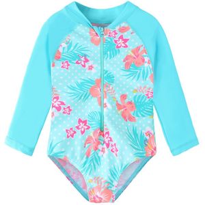 Baohulu Meisjes Badpak Een Stuk Kinderen Lange Mouwen UPF50 + Badmode Cyaan Print Bloemen Rits Rash Guards Voor Kids Beach dragen