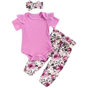 3Pcs Pasgeboren Kid Baby Meisje Kleding Sets Paars Romper Jumpsuit Tops Bloemen Broek Leggings Outfit Set