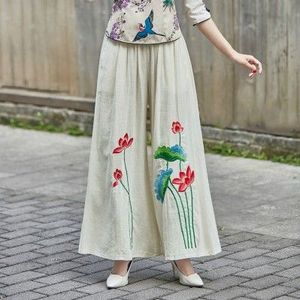 Vrouwen Bloeiers Bodems Katoen Linnen Losse Broek Traditionele Chinese Broek Pantalon Chinois Herfst Elegante Lotus Bloemen Afdrukken