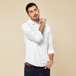 Kuegou 100% Katoen Gestreepte Shirts Lente Herfst Mannen Shirt Lange Mouw Mode Vrije Tijd Witte Streetwear Plus Size BC-20501