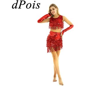 Vrouwen Latin Buikdans Jurk Ballroom Tango Dansen Kostuum Glanzende Pailletten Metallic Outfit Hals Crop Tops En Korte Rok