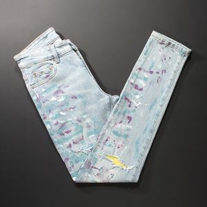 Amerikaanse Streetwear Jeans Licht Blauw Geschilderd Gescheurde Jeans Elastische Slim Fit Hip Hop Lange Broek