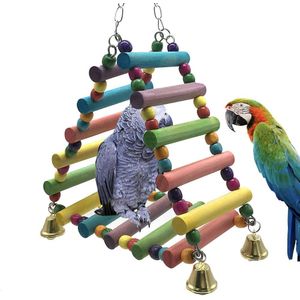 Natuurlijke Houten Driehoek Papegaai Schommel Speelgoed Vogel Neergestreken In Een Swing Kooi Met Kleurrijke Kralen Bel Speelgoed Vogel Benodigdheden