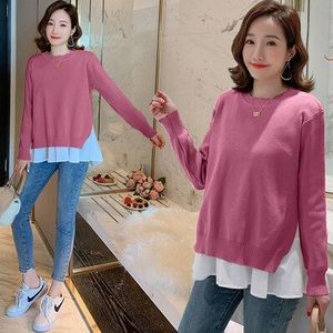 1909 Herfst Mode Gebreide Patchwork Chiffon Moederschap Shirts Terug Split Losse Shirt Kleding Voor Zwangere Vrouwen Zwangerschap