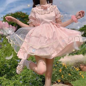 Japanse Lolita Mode Mesh Verstoorde Kraag Boog Hoge Taille Uitbreidbaar Korte Mouwen Lolita Jurk Vrouwelijke Zomer Fee Jurk