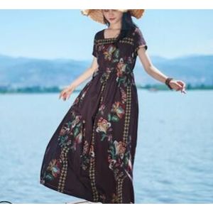 Zomer Aziatische Casual Dress Light Dunne Katoen Hennep Kant Taille Sluiten Jurk Temperament Vierkante Kraag Korte Mouwen Grote Schommel Gewaad