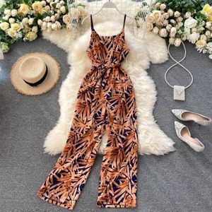 Vintage Boho Bloemenprint V-hals Sexy Spaghetti Band Bandage Jumpsuit Zomer Volledige Lengte Vrouwen Playsuit Strand Romper