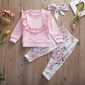 Baby Meisjes Kleding 3 Stuks Bloemen Bloem Roze Outfit Ruche Lange Mouw Tops Broek Broek Hoofdband Naar polen