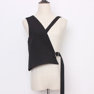 [Eam] Vrouwen Loose Fit Balck Asymmetrische Bandage Vest V-Kraag Mouwloze Mode Tij Lente Herfst 19A-a483