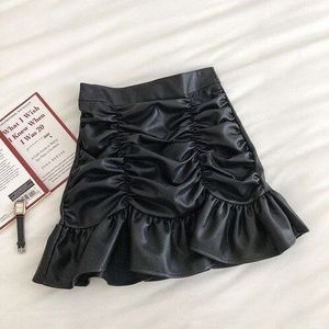 Zoete Geplooide Ruches Kleine Lederen Rok Vrouwen Herfst Koreaanse Hoge Taille Een-Vormige Hip Rok Voor Vrouwen culottes Vintage