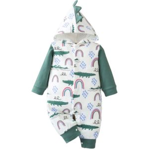 Pasgeboren Jongens Meisjes Hooded Jumpsuit Wit Lange Mouwen Regenboog Crocodile Gedrukt Patroon Open Voorzijde Een Stuk Romper