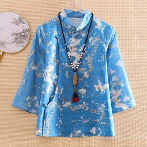 High-End Herfst Vrouwen Vlas Jas Top Chinese Stijl Retro Print Crane Elegante Dame Jas Vrouwelijke S-2XL