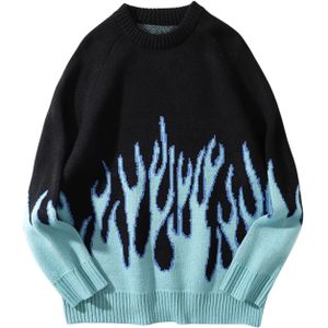 Hip Hop Jacquard Trui Pullover Vrouwen Blue Fire Flame Gebreide Trui Harajuku Streetwear Tops Casual Paar Trui Zwart