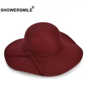 Showersmile Rode Hoeden Voor Vrouwen Tweed Fedora Hoed Vrouwelijke Grote Rand Caps Dames Elegante Bowler Strik Herfst Vilten Hoed