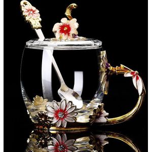 Rose Emaille Crystal Tea Cup Mok Rose Geschilderde Bloem Water Cups Helder Glas Met Lepel Set
