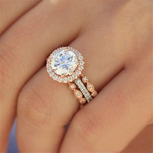 Modyle Rose Goud Kleur Ring Set Ronde Zirkoon Ringen Voor Vrouwen Cz Crystal Ringen