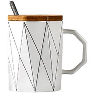 Creatieve Matte Geometrische Mok Met Bamboe Deksel Metalen Lepel, lijn Keramische Cup Mokken Magnetron Melk Cup Home Office Drinkware 400Ml