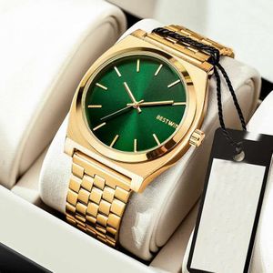 Waterdicht Mannen Horloge Goud Groen Dial Roestvrij Stalen Band Eenvoudige Grote Wijzerplaat Vrouwen Horloge Dames Top Beroemde