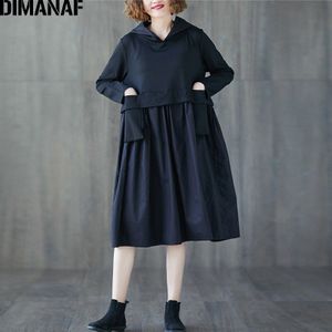 DIMANAF Plus Size Vrouwen Jurk Winter Dikke Katoen Big Size Losse Vrouwelijke Vestidos Geplooide Lange Mouwen Hooded Spliced Pocket Black