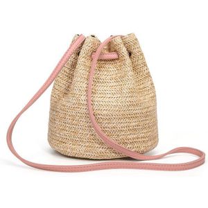 Zomer Stro Emmer Zak Weave Portemonnee Handtas Fringe Bohemian Bag Pouch Roze