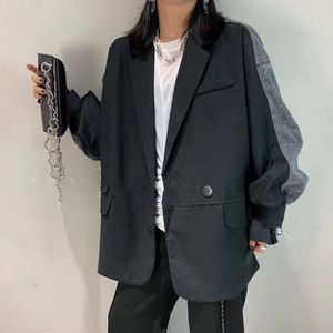 [Ewq] Herfst Streetwear Lange Mouwen Plus Size Patchwork Denim Contrast Kleur Jasje Korea Stijl Dames kantoor Jas