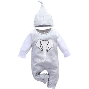 Pasgeboren Baby Kleding, Baby Jongens En Meisjes Grijs Olifant Een Stuk Jumpsuit, lange Mouw Lente Herfst Jumpsuit + Hoed