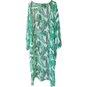 Vrouwen Zomer Chiffon Semi-Sheer Maxi Kimono Vest Top Groene Tropische Banaan Bladeren Gedrukt Bikini Cover Up 3/4 Open