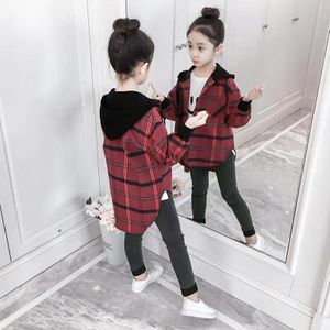 2022 Kinderen Blouse Meisje Katoen Groen/Rode Plaid Shirts Voor Tieners Lente Herfst Mode Capuchon Vest Jas 3-13Yrs