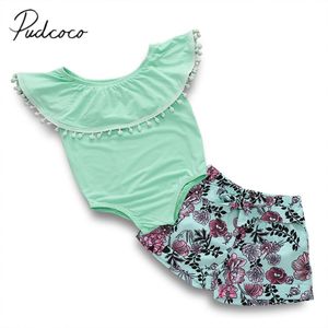 Gloednieuwe Pasgeboren Baby Baby Meisje Kleding Jumpsuit Mouwloze Ruches Romper + Bloemen Riem Shorts 2Pcs Casual Outfits set