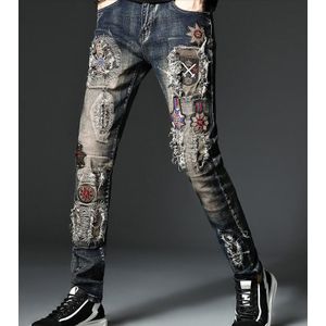 Patch Mens Classic Borduren Rock Hip Hop Vintage Blue Ripped Gat Slim Fit Denim Broek Stretch Biker Jeans Voor Mannen