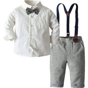 Jongen Kleding Set Jurk Pak Gentleman Wit Shirt Met Strikje + Grey Broek Party Wedding Knappe Kid Kleding Voor jongens Kleding